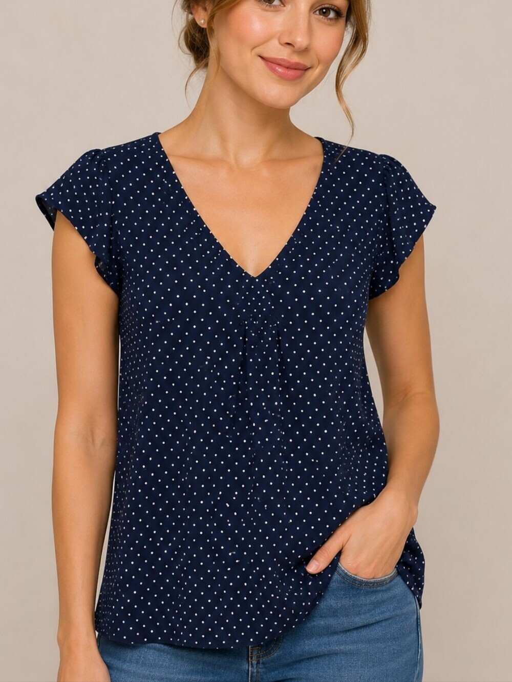 3/$30 RUMOR HAS IT Navy Polka Dot Short Sleeve Scoop Neck Landgirl Blouse